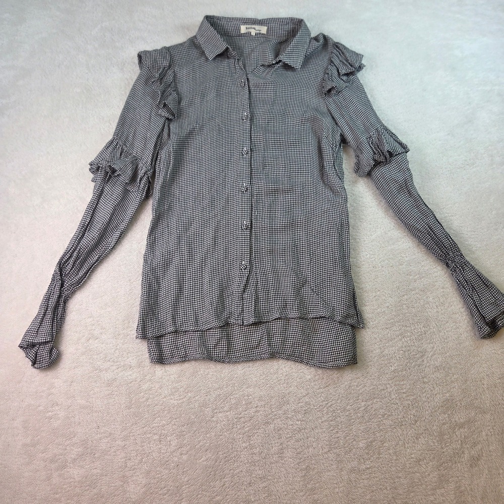 Rocks & Indigo Womens XS Black White Houndstooth Ruffle Button Up Shirt Top